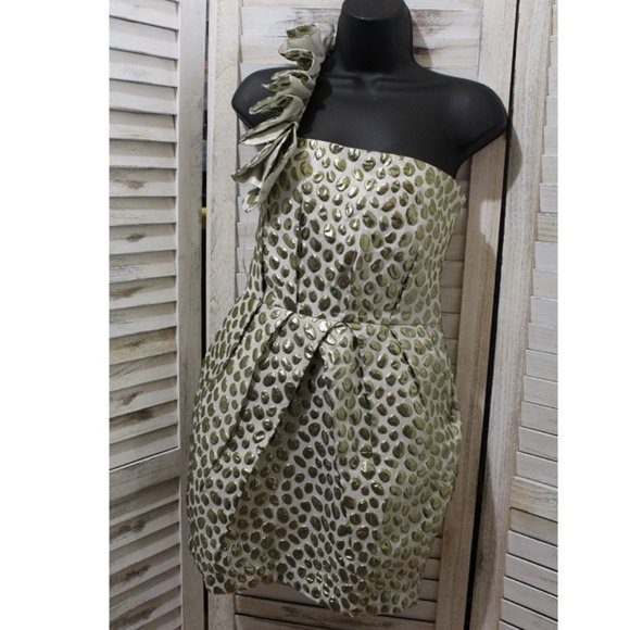 Aryn K. One Shoulder Cream & Gold Polka Dot Dress (444) - Picture 2 of 5